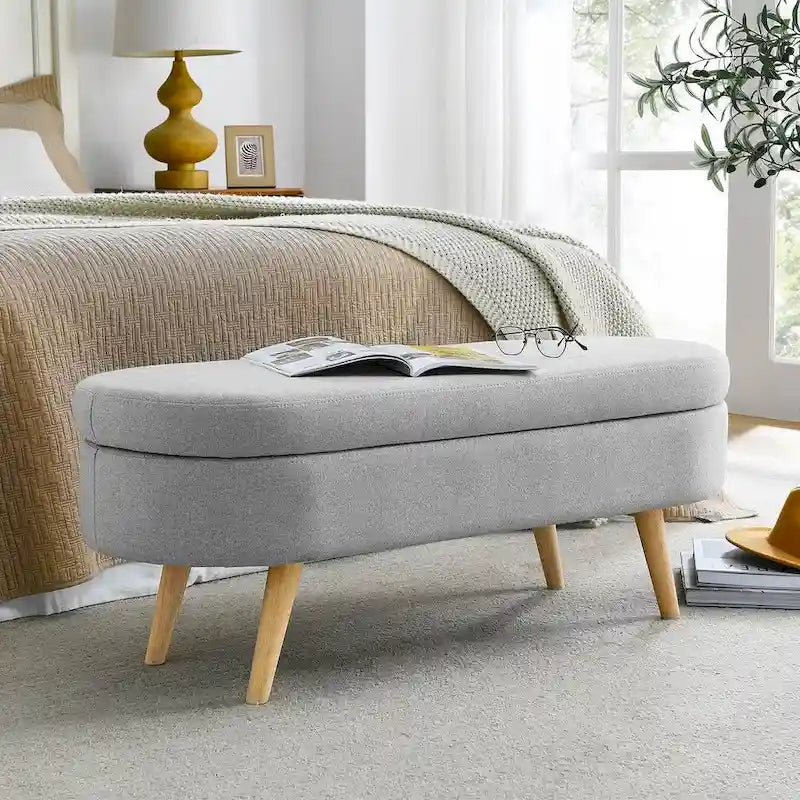 Banc de rangement ottoman ovale en bouclette avec pieds effilés en bois d'hévéa