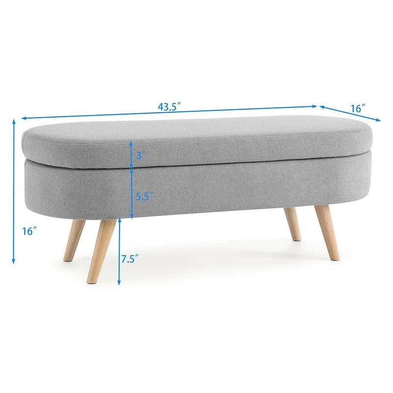 Banc de rangement ottoman ovale en bouclette avec pieds effilés en bois d'hévéa