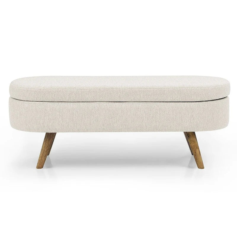 Banc de rangement ottoman ovale en bouclette avec pieds effilés en bois d'hévéa