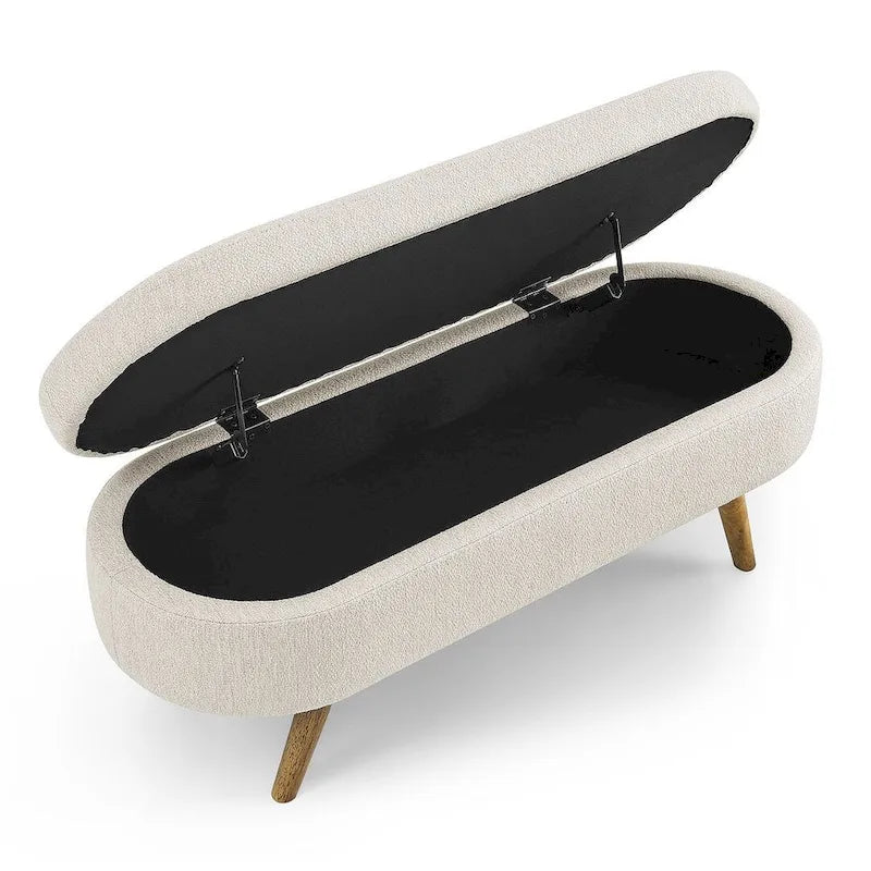 Banc de rangement ottoman ovale en bouclette avec pieds effilés en bois d'hévéa