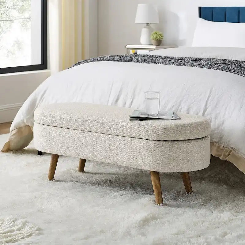 Banc de rangement ottoman ovale en bouclette avec pieds effilés en bois d'hévéa