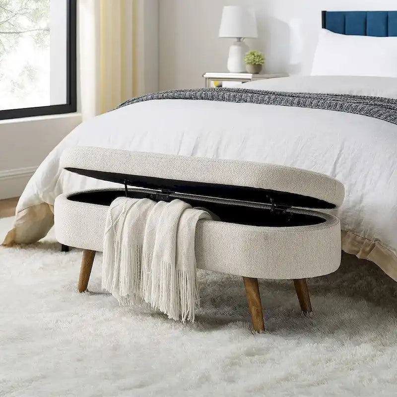Banc de rangement ottoman ovale en bouclette avec pieds effilés en bois d'hévéa