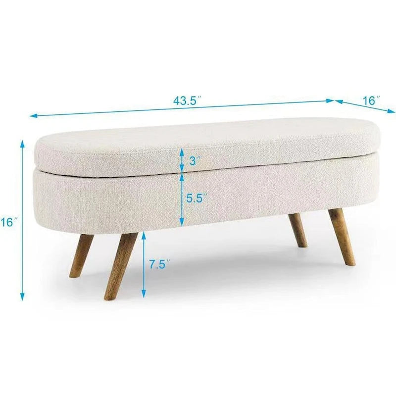 Banc de rangement ottoman ovale en bouclette avec pieds effilés en bois d'hévéa
