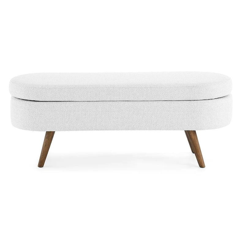 Banc de rangement ottoman ovale en bouclette avec pieds effilés en bois d'hévéa