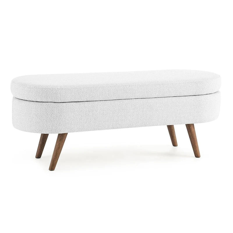 Banc de rangement ottoman ovale en bouclette avec pieds effilés en bois d'hévéa