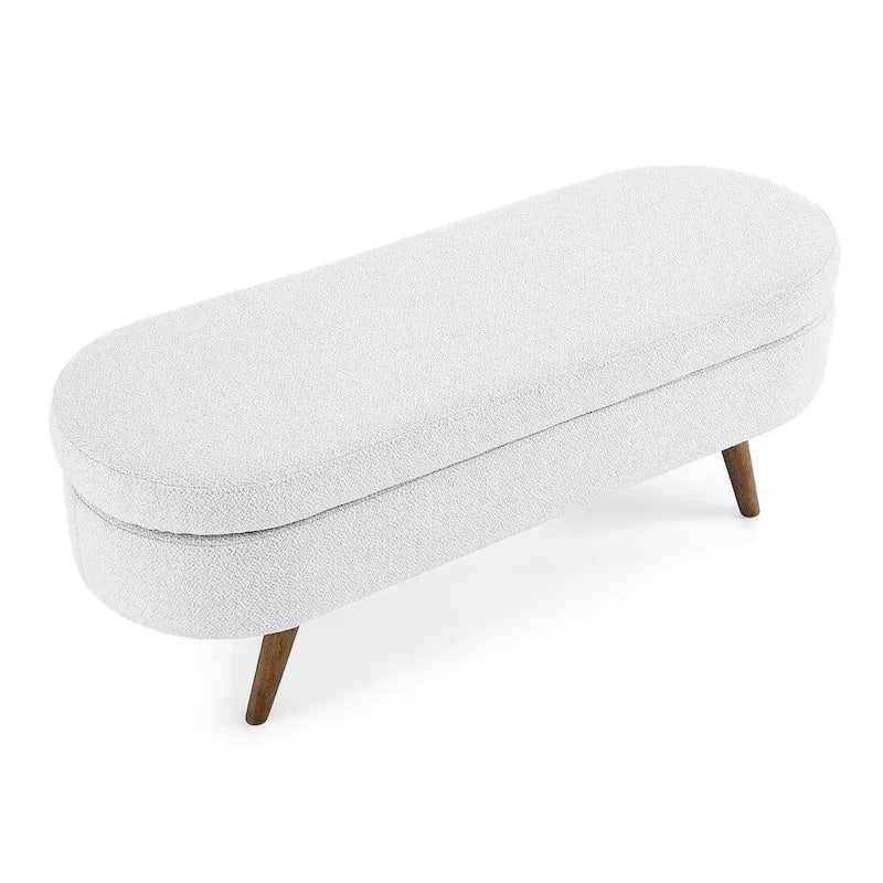 Banc de rangement ottoman ovale en bouclette avec pieds effilés en bois d'hévéa