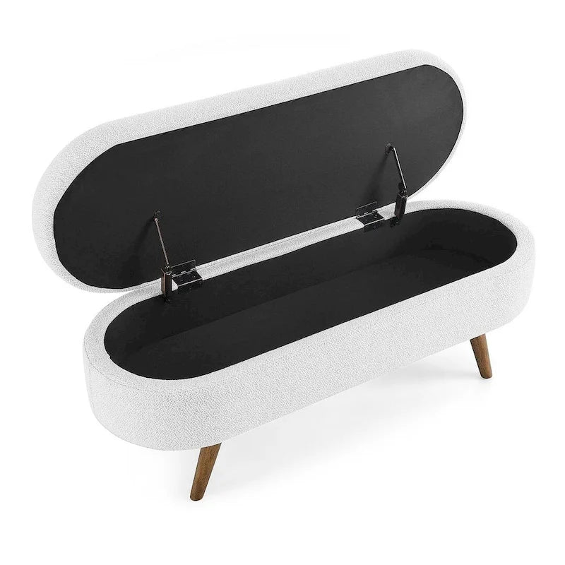 Banc de rangement ottoman ovale en bouclette avec pieds effilés en bois d'hévéa