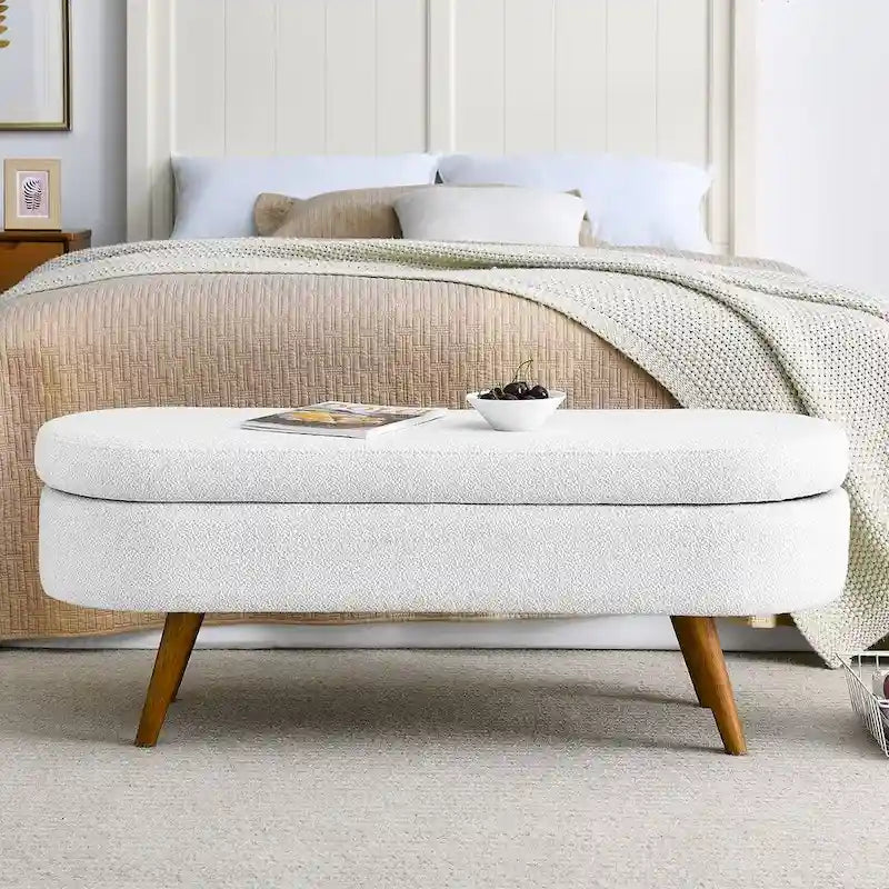Banc de rangement ottoman ovale en bouclette avec pieds effilés en bois d'hévéa