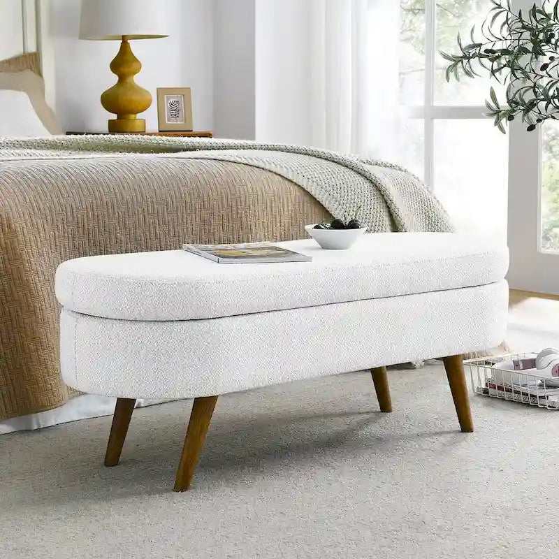 Banc de rangement ottoman ovale en bouclette avec pieds effilés en bois d'hévéa