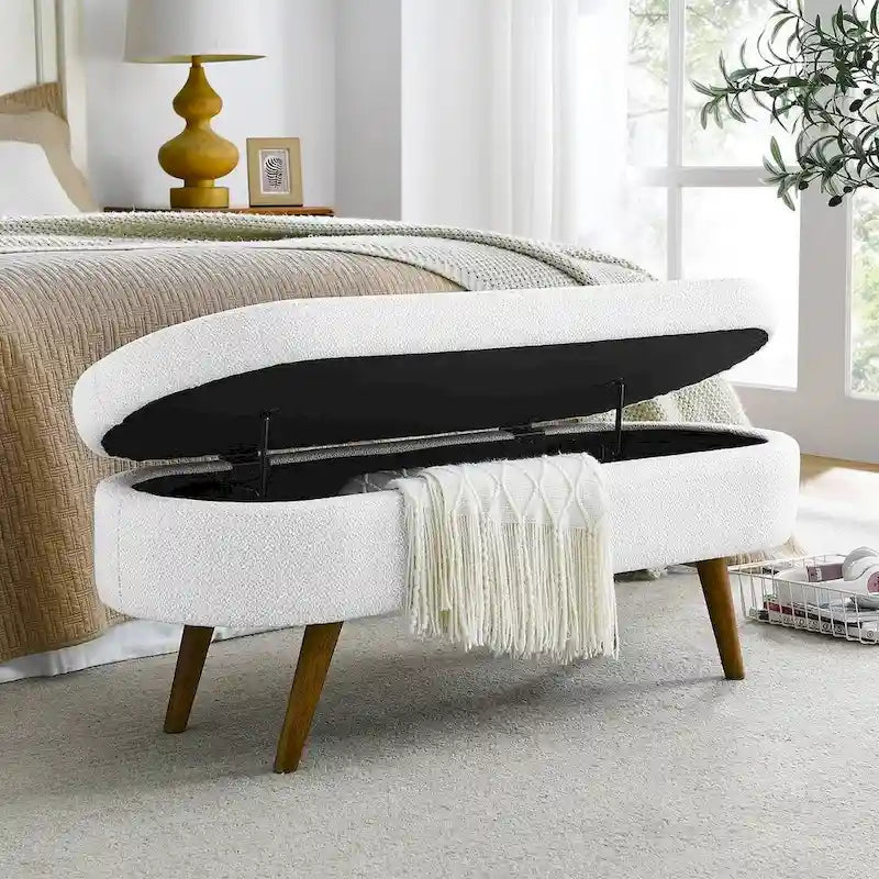 Banc de rangement ottoman ovale en bouclette avec pieds effilés en bois d'hévéa