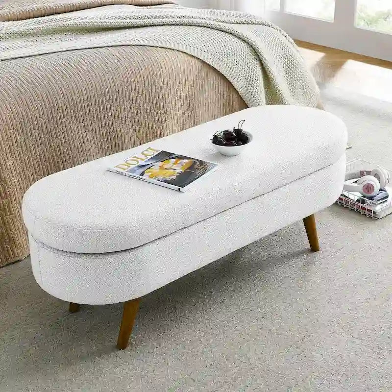 Banc de rangement ottoman ovale en bouclette avec pieds effilés en bois d'hévéa