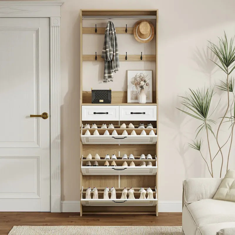 Nouveau meuble à chaussures 3 portes 2 tiroirs avec cintre, porte en PVC moulée, grand espace de rangement