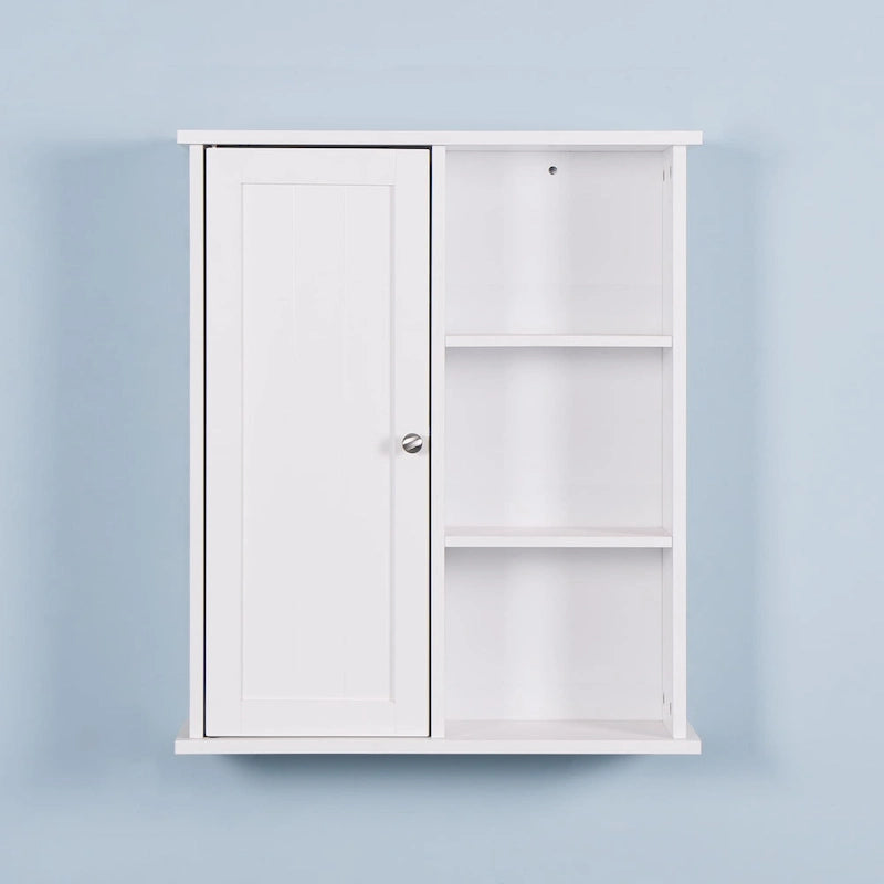 Meuble de rangement de salle de bain mural blanc avec porte et étagères ouvertes