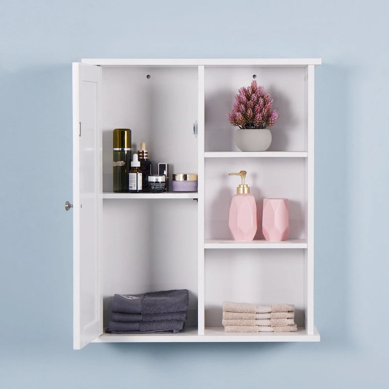 Meuble de rangement de salle de bain mural blanc avec porte et étagères ouvertes