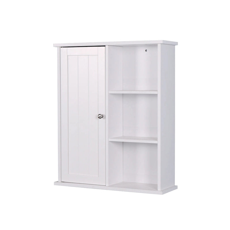 Meuble de rangement de salle de bain mural blanc avec porte et étagères ouvertes