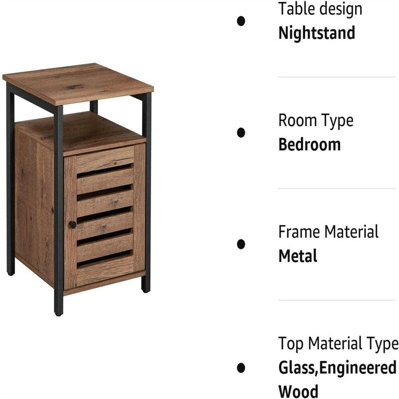 Table de chevet industrielle en noyer noisette avec porte persienne et étagère ouverte