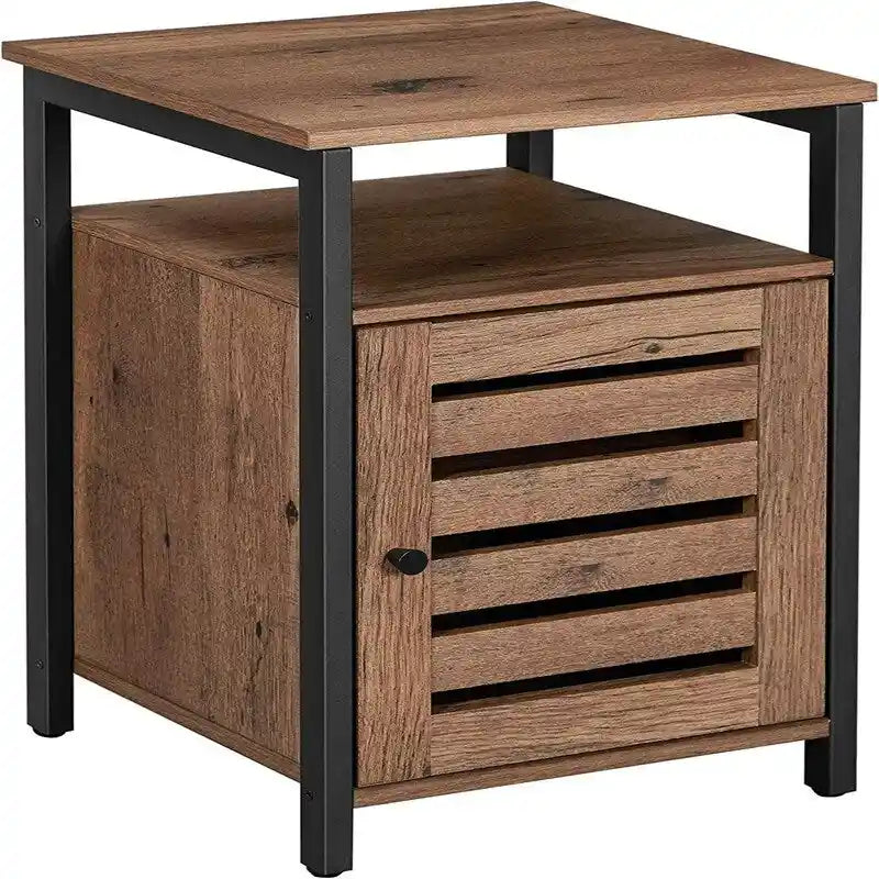 Table de chevet industrielle en noyer noisette avec porte persienne et étagère ouverte