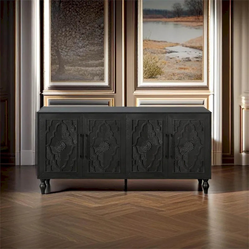 Buffet noir à 4 portes avec panneaux floraux sculptés et pieds tournés