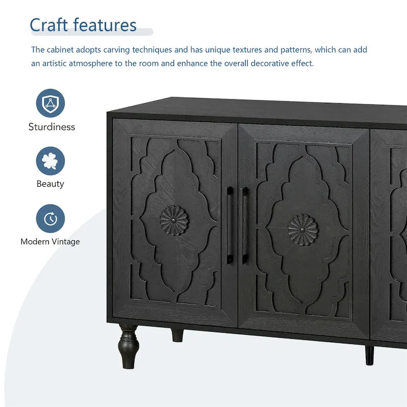 Buffet noir à 4 portes avec panneaux floraux sculptés et pieds tournés