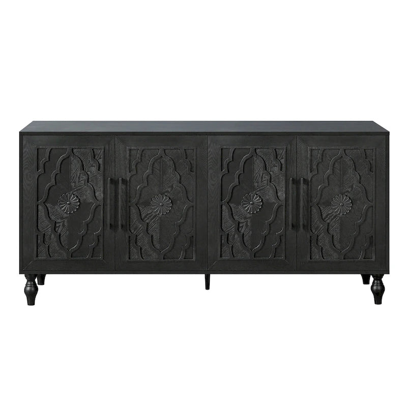 Buffet noir à 4 portes avec panneaux floraux sculptés et pieds tournés