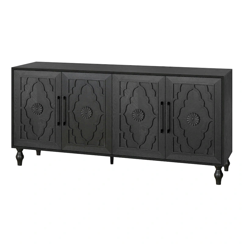 Buffet noir à 4 portes avec panneaux floraux sculptés et pieds tournés