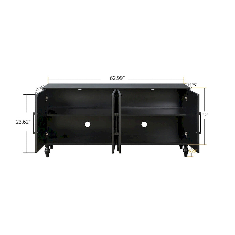 Buffet noir à 4 portes avec panneaux floraux sculptés et pieds tournés