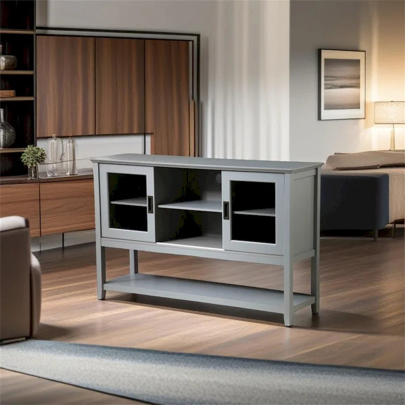 Buffet gris en MDF de 55" avec portes coulissantes en verre, étagères réglables et gestion des câbles