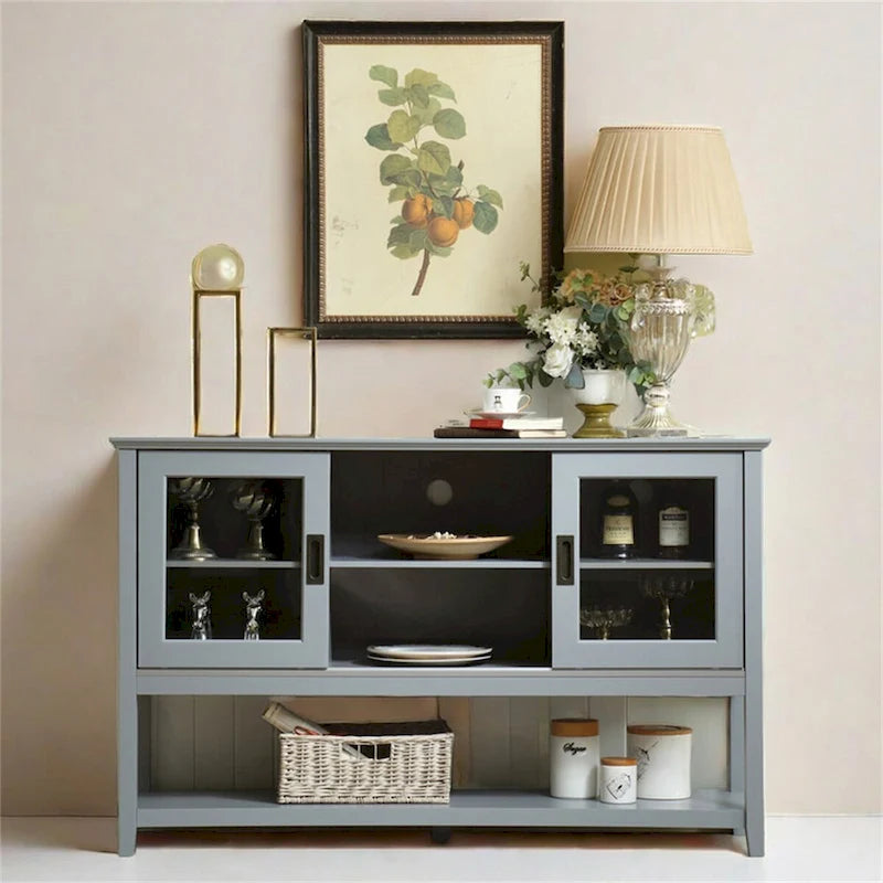 Buffet gris en MDF de 55" avec portes coulissantes en verre, étagères réglables et gestion des câbles