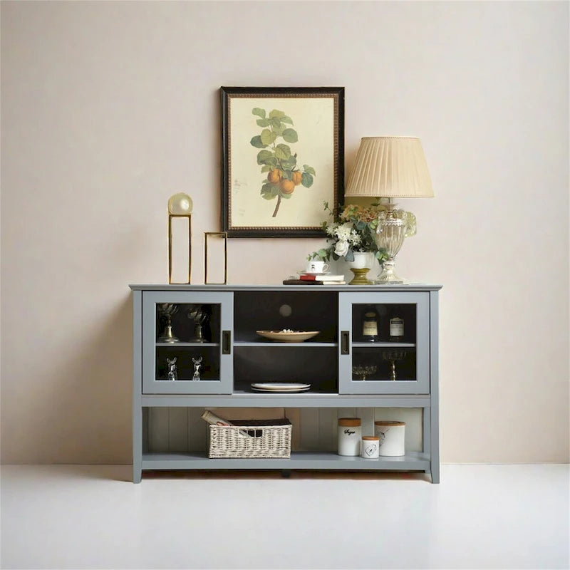 Buffet gris en MDF de 55" avec portes coulissantes en verre, étagères réglables et gestion des câbles