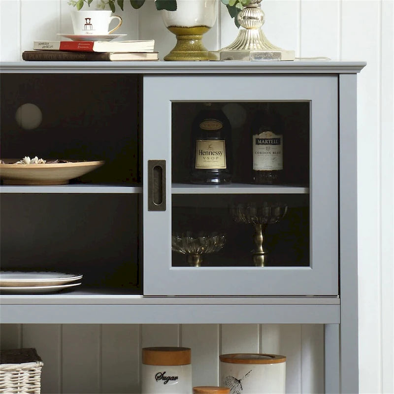 Buffet gris en MDF de 55" avec portes coulissantes en verre, étagères réglables et gestion des câbles