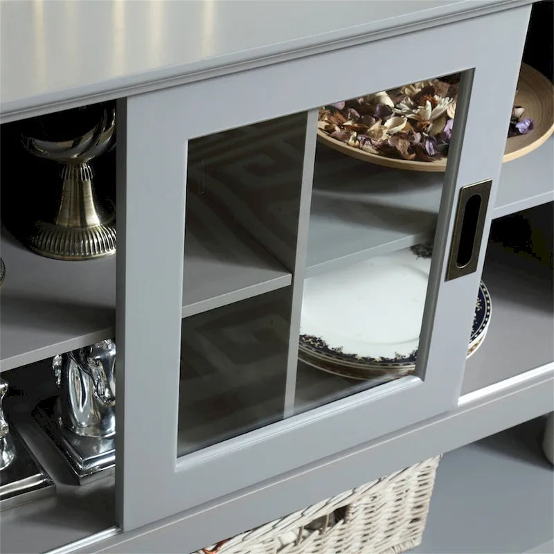 Buffet gris en MDF de 55" avec portes coulissantes en verre, étagères réglables et gestion des câbles