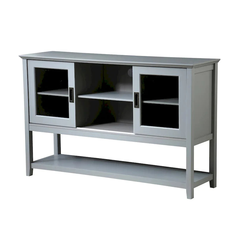 Buffet gris en MDF de 55" avec portes coulissantes en verre, étagères réglables et gestion des câbles