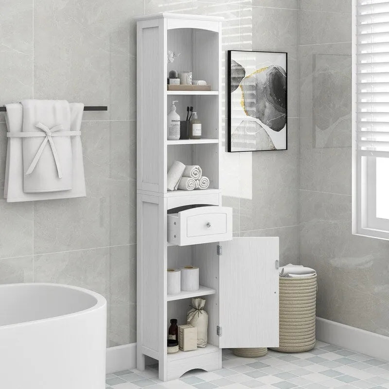 Meuble de rangement haut de salle de bain sur pied avec étagères ouvertes et tiroir