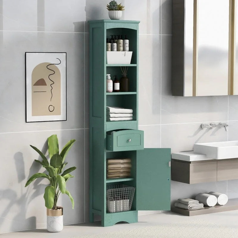 Meuble de rangement haut de salle de bain sur pied avec étagères ouvertes et tiroir
