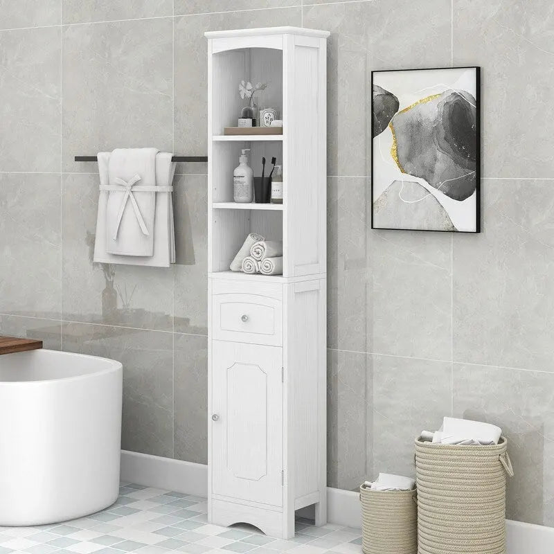 Meuble de rangement haut de salle de bain sur pied avec étagères ouvertes et tiroir