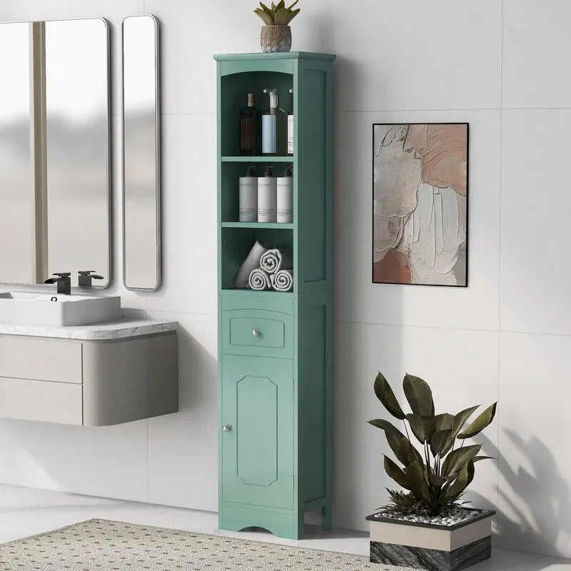 Meuble de rangement haut de salle de bain sur pied avec étagères ouvertes et tiroir