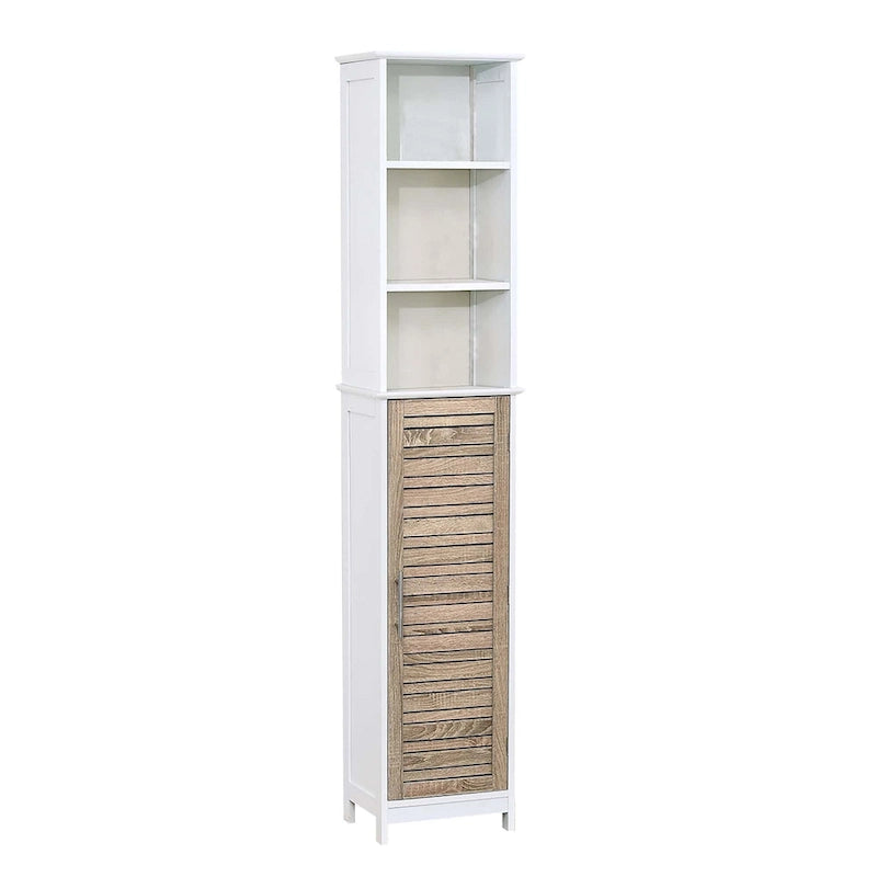 Meuble colonne de salle de bain haut et mince avec 3 étagères ouvertes et une porte à persiennes