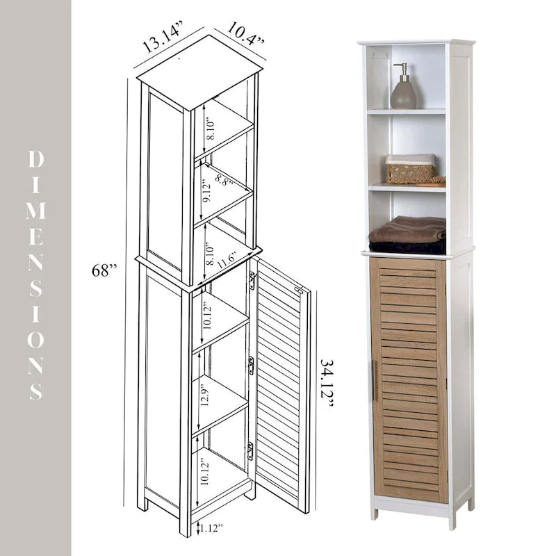 Meuble colonne de salle de bain haut et mince avec 3 étagères ouvertes et une porte à persiennes