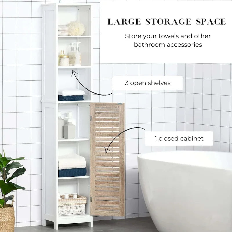 Meuble colonne de salle de bain haut et mince avec 3 étagères ouvertes et une porte à persiennes