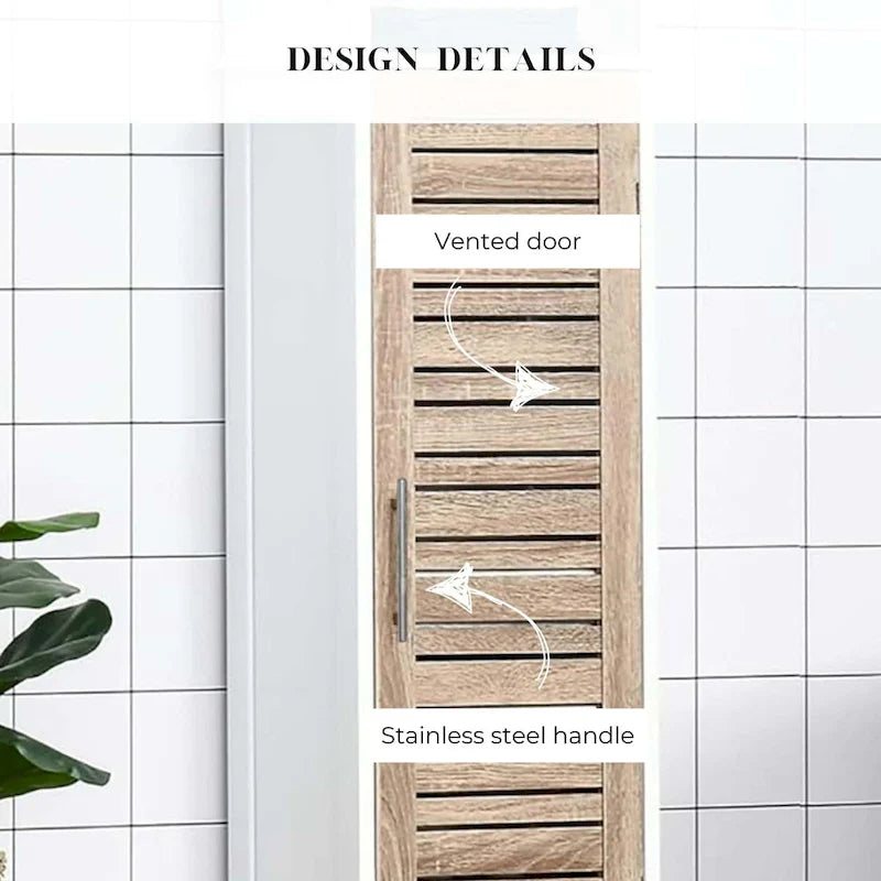 Meuble colonne de salle de bain haut et mince avec 3 étagères ouvertes et une porte à persiennes