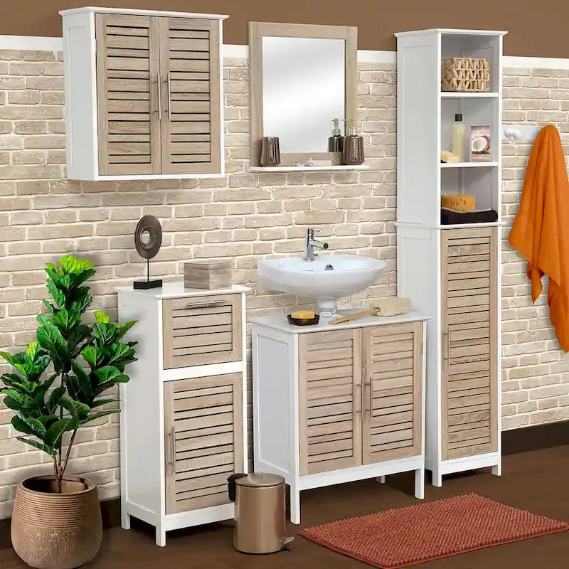 Meuble colonne de salle de bain haut et mince avec 3 étagères ouvertes et une porte à persiennes