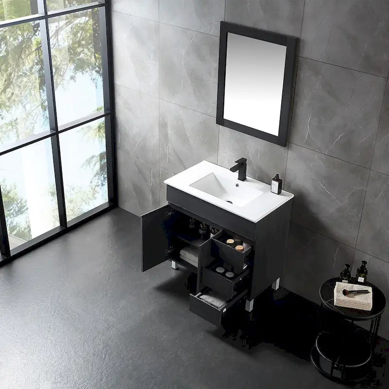 Meuble-lavabo autoportant de 32 po en MDF noir avec lavabo intégré en céramique, une porte et trois tiroirs