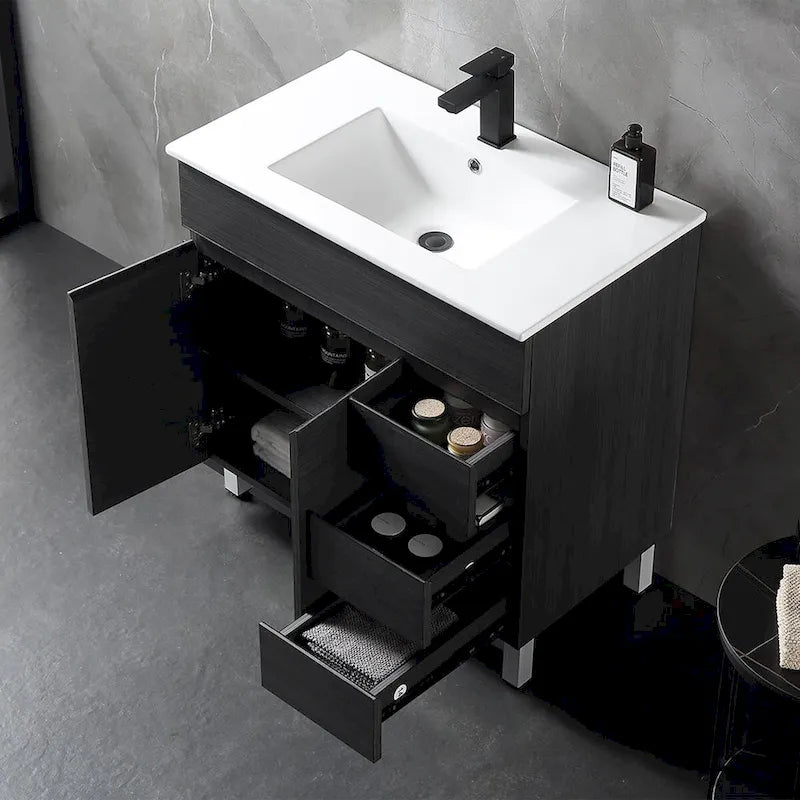 Meuble-lavabo autoportant de 32 po en MDF noir avec lavabo intégré en céramique, une porte et trois tiroirs