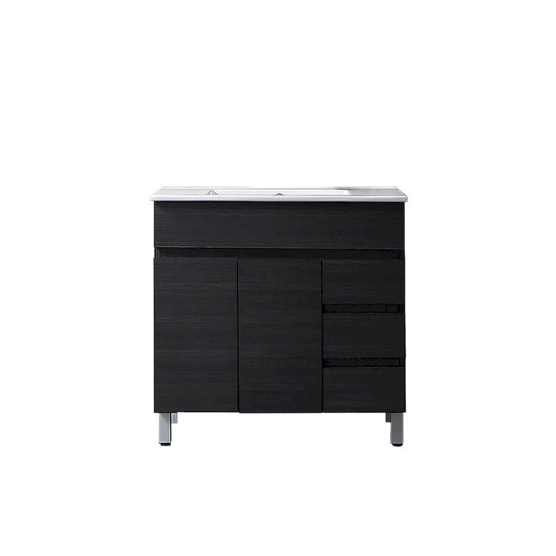 Meuble-lavabo autoportant de 32 po en MDF noir avec lavabo intégré en céramique, une porte et trois tiroirs
