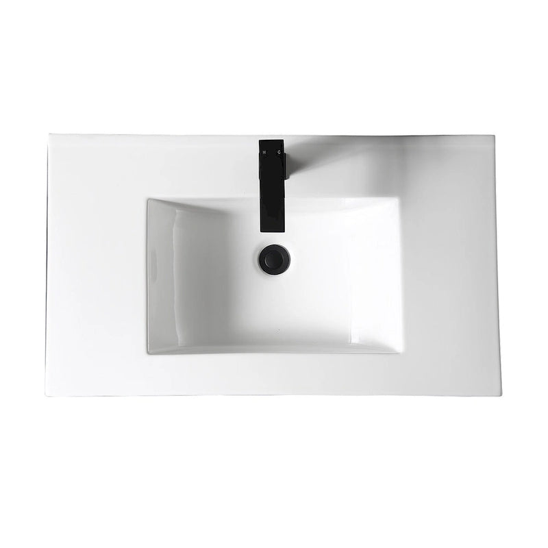 Meuble-lavabo autoportant de 32 po en MDF noir avec lavabo intégré en céramique, une porte et trois tiroirs