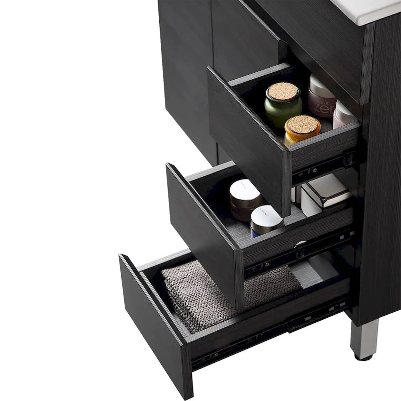 Meuble-lavabo autoportant de 32 po en MDF noir avec lavabo intégré en céramique, une porte et trois tiroirs