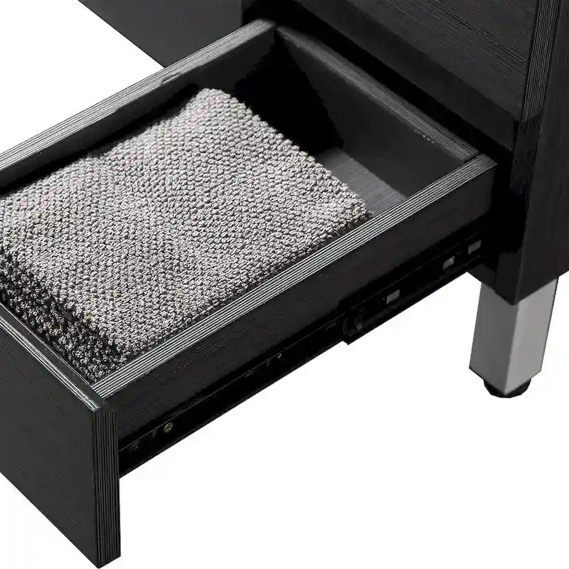 Meuble-lavabo autoportant de 32 po en MDF noir avec lavabo intégré en céramique, une porte et trois tiroirs