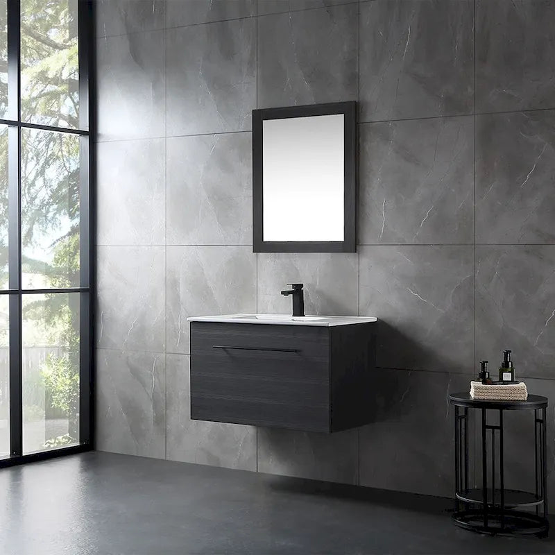 Meuble-lavabo autoportant de 32 po en MDF noir avec lavabo intégré en céramique, une porte et trois tiroirs