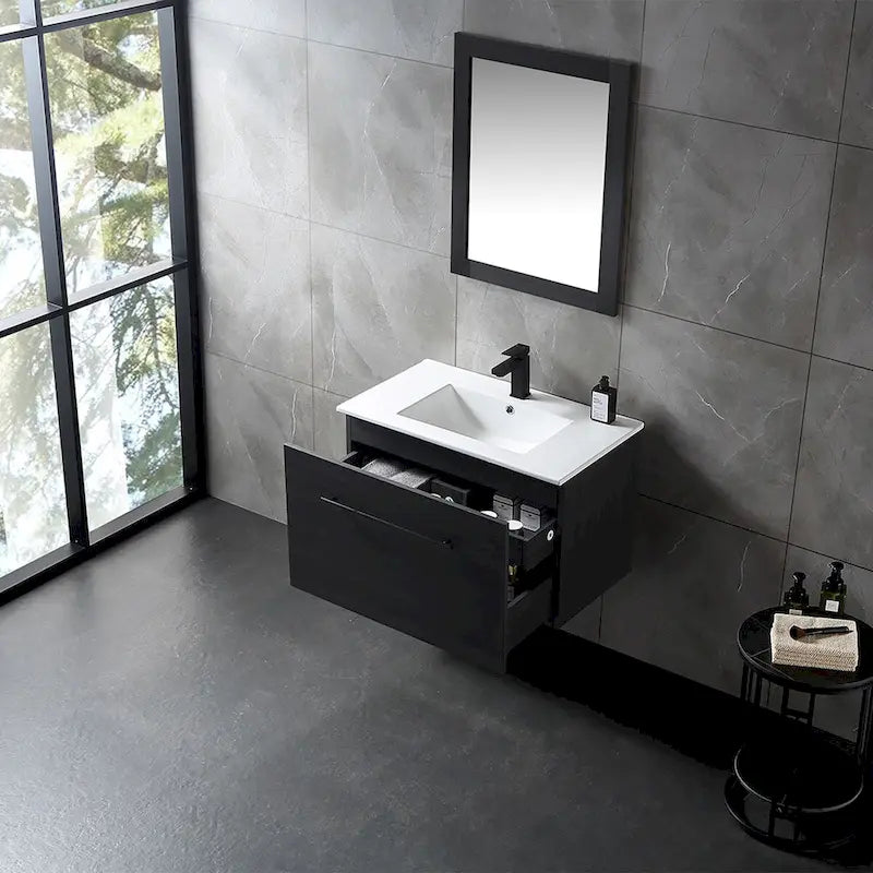 Meuble-lavabo autoportant de 32 po en MDF noir avec lavabo intégré en céramique, une porte et trois tiroirs