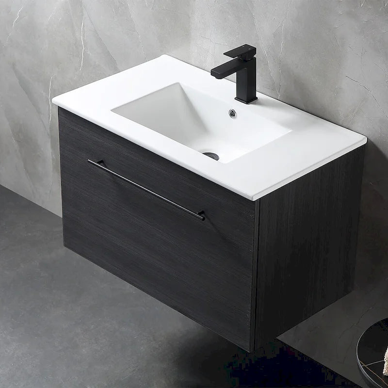 Meuble-lavabo autoportant de 32 po en MDF noir avec lavabo intégré en céramique, une porte et trois tiroirs